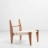 Demountable chair by Pierre Jeanneret, circa 1953, Teak, fabric, fabric cord, sold May 2022