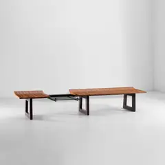Martin Eisler, Bench with integrated shelf, circa 1957, Chestnut, fruitwood, wenge, glass, painted steel