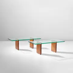 Pair of coffee tables, model no. 2354 by Fontana Arte, circa 1964, Glass, walnut-veneered wood, brass, offered May 2022