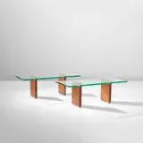 Pair of coffee tables, model no. 2354 by Fontana Arte, circa 1964, Glass, walnut-veneered wood, brass, offered May 2022