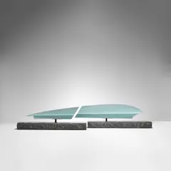'Harukeku II' by Sueharu Fukami, 1992, Porcelain, seihakuji glaze, patinated brass, granite, sold May 2022