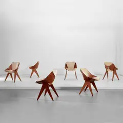 Gianni Moscatelli, Set of six prototype 'Bivalve 940' armchairs, circa 1959, Brazilian rosewood-veneered plywood, fabric, steel