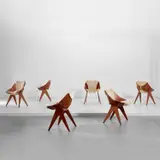 Gianni Moscatelli, Set of six prototype 'Bivalve 940' armchairs, circa 1959, Brazilian rosewood-veneered plywood, fabric, steel