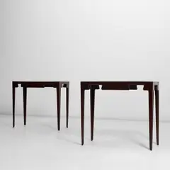 Rare pair of console tables by Carlo Enrico Rava, circa 1950, Stained walnut-veneered wood, stained walnut, sold May 2022