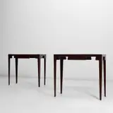 Carlo Enrico Rava, Rare pair of console tables, circa 1950, Stained walnut-veneered wood, stained walnut