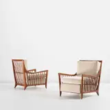 Paolo Buffa, Pair of armchairs, circa 1942, Stained chestnut, fabric