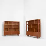 Gio Ponti, Unique pair of bookcases with cabinets, circa 1927, Walnut, walnut-veneered wood, vinyl-covered wood, brass