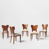 Set of five chairs by Gio Ponti, circa 1928, Brazilian rosewood-veneered wood, Brazilian rosewood, fabric, sold May 2022