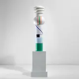 'Rangoon' totem by Ettore Sottsass, designed 1964, produced circa 1994, Painted and glazed ceramic, laminated wood, sold May 2022