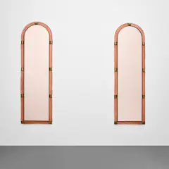 Pair of rare large mirrors by Venini, circa 1940, Coloured a treccia glass, coloured mirrored glass, brass, sold Nov 2022
