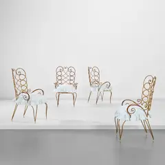 Tomaso Buzzi, Four armchairs, circa 1948, Painted and gilded iron, fabric