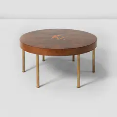 Coffee table by Gio Ponti, circa 1931, Burr walnut-veneered wood with walnut, maple, cherry, ash and ebonised wood marquetry, walnut-veneered wood, brass, sold Nov 2022