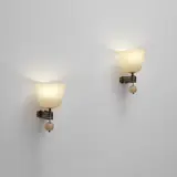 Tomaso Buzzi, Pair of wall lights, model no. 416, circa 1933, Incamiciato lattimo and pagliesco glass, cordonato glass and coloured ballotton glass with applied gold leaf, brass