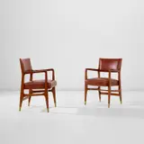 Gio Ponti, Pair of armchairs, circa 1955, Walnut, vinyl, brass