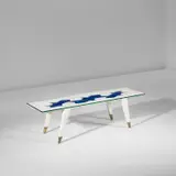 Unique low table by Gio Ponti and Paolo De Poli, circa 1955, Painted ash, enamelled copper, glass, brass, sold Nov 2022