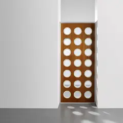 Panel by Jean Prouvé, circa 1950, Plywood, aluminium, painted aluminium, glass, sold Nov 2022