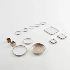 Vladimír Böhm, Group of thirteen vessels, 2002-2005, Bowl: Fine silver, vitreous enamel. Square vessels and trays: Fine silver, vitreous enamel. Dishes: Copper, vitreous enamel, precious metal