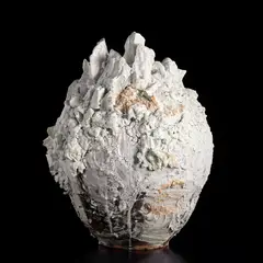 Akiko Hirai, Moon Jar, circa 2021, Grogged stoneware, rugged and cracked porcelain deposits over layered slips beneath running ash glazes
