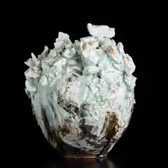 Akiko Hirai, Moon Jar, 2021, Grogged stoneware, rugged and cracked porcelain deposits over layered slips beneath running ash glazes
