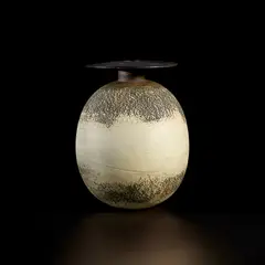 Hans Coper, Large ovoid pot with disc top, circa 1967, Stoneware, porcelain slips and engobes over a textured and incised body, the neck, lip and interior with a rich manganese glaze
