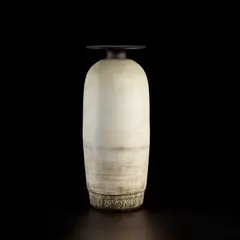 Hans Coper, Bottle with disc top, circa 1972, Stoneware, porcelain slips and manganese over a textured and incised body, the disc top, neck and interior with a manganese glaze