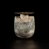 Shouldered bottle with flat circular lip by Hans Coper, circa 1969, Stoneware, porcelain slips and engobes over a textured and incised body, the neck, lip and interior with a manganese gla, sold Nov 2022