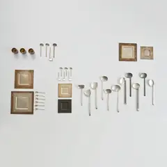 Flatware, six dishes and three beakers by Simone ten Hompel, 1999-2003, Two serving spoons: sterling silver Two other serving spoons: oxidised sterling silver Four further serving spoons: Prec, offered Nov 2022