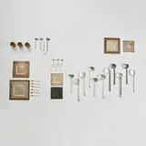 Simone ten Hompel, Flatware, six dishes and three beakers, 1999-2003, Two serving spoons: sterling silver Two other serving spoons: oxidised sterling silver Four further serving spoons: Precious metal One fork: Sterling silver Two other forks: Precious metal Dessert spoons, large teaspoons, teaspoons, five dishes and beakers: Sterling silver One dish: Oxidised sterling silver