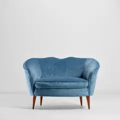 Love seat by Fede Cheti, circa 1951, Fabric, walnut, sold Nov 2022