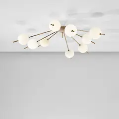 Nine-armed ceiling light by Angelo Lelii, circa 1958, Glass, brass, painted brass, sold Nov 2022