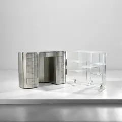 'Yang Yin' adjustable desk with integrated bookcase, from the 'Plurimi' series by Gabriella Crespi, circa 1979, Stainless steel covered wood, acrylic, lacquered wood, painted wood, nickel-plated brass, chrome-plated steel, sold Nov 2022