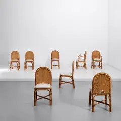 Gabriella Crespi, Set of eight dining chairs, from the 'Rising Sun' series, circa 1975, Malacca rattan, vinyl