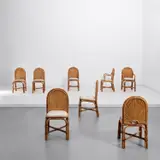 Gabriella Crespi, Set of eight dining chairs, from the 'Rising Sun' series, circa 1975, Malacca rattan, vinyl