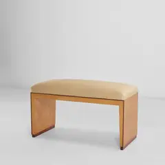 Bench by Gio Ponti, circa 1938, Birch-veneered wood, maple-veneered wood, Brazilian rosewood, fabric, sold Nov 2022