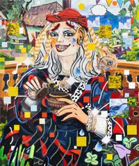 Allison Zuckerman, Tea Time, 2022, oil, acrylic, crystal rhinestones and archival CMYK ink on canvas