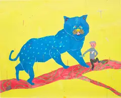 Misaki Kawai, Cat and Comb, 2007, acrylic, paper and fabric collage and yarn on canvas