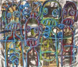 Aboudia, Untitled, 2014, acrylic, printed paper collage and oil stick on canvas