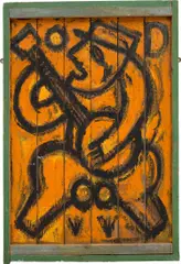 Billy Childish, Orange Man with Banjo, 1995, oil on panel, in artist's frame