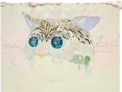 Snow kitten by Tomoko Nagai, 2010, oil, acrylic, glitter, gesso, modelling paste and paper clay on canvas, sold Oct 2022