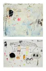 Tomoko Nagai, Two works: (i) Tinkle tinkle ; (ii) Toys Paradise, 2010, (i) oil, acrylic, spray, glitter, gesso, modelling paste and paper clay on canvas (ii) watercolour, graphite, colour pencil, ink, pastel, synthetic fur, felt pen, glitter, spray, sticker collage and plastic charm on paper mounted on panel