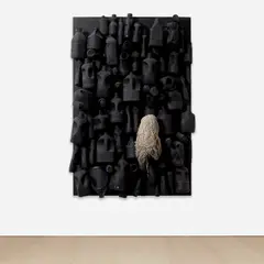 You're in it, we're in it by Henry Taylor, 2012, plastic bottles, spray paint, acrylic, mop head and nails on panel, sold Oct 2022