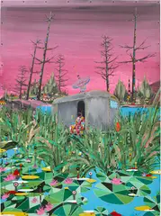 Nelo Vinuesa, Dominguero, 2010-2014, sticker collage on acrylic glass and acrylic and mixed media collage on paper laid on panel, in artist's frame