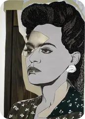 Clarivel Right by Mickalene Thomas, 2014, rhinestones, acrylic, oil, enamel and glitter on wood panel, sold Apr 2021