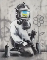 Banksy, Gas Mask Boy, 2009, spray paint and oil on wood