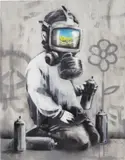 Banksy, Gas Mask Boy, 2009, spray paint and oil on wood