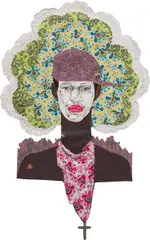 Ebony G. Patterson, Untitled (from the Gangstas for Life series), 2008, paper collage, fabric, glitter, plastic gems, graphite and acrylic on tracing paper on card