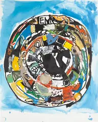 Eddie Martinez, Mandala #7 (Frankenthaler Wash), 2016, silkscreen ink, oil, spray paint, thumbtacks and collaged canvas on canvas