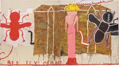 Rose Wylie, Black Strap (Red Fly), 2014, oil, graphite, marker pen and canvas collage on canvas laid on canvas, in 2 parts