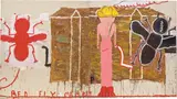 Rose Wylie, Black Strap (Red Fly), 2014, oil, graphite, marker pen and canvas collage on canvas laid on canvas, in 2 parts