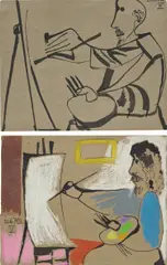 Le Peintre by Pablo Picasso, recto: graphite and ink on cardboard; verso: oil pastel and ink on cardboard, double-sided work, sold Apr 2021